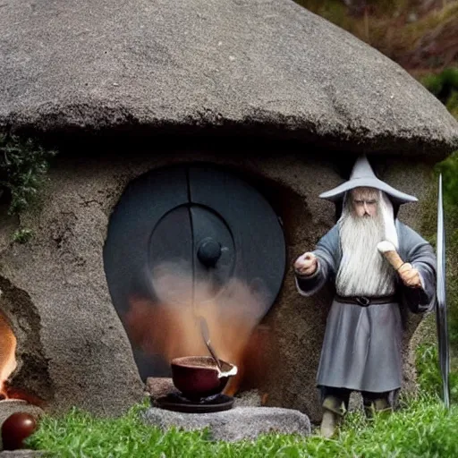 Prompt: Gandalf cooking in a hobbits house