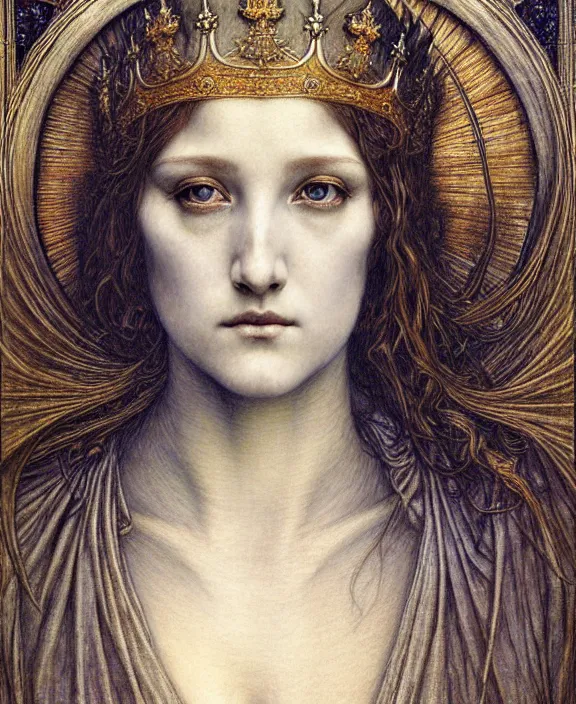 Image similar to detailed realistic beautiful young medieval queen face portrait by jean delville, gustave dore and marco mazzoni, art nouveau, symbolist, visionary, gothic, pre - raphaelite. horizontal symmetry