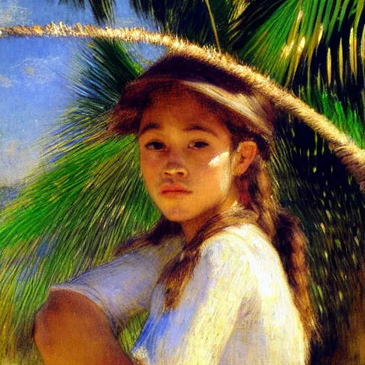 Image similar to a ultradetailed beautiful painting of a girl in amazonas by jules bastien - lepage, hans belmer, frank weston and gustave baumann, trending on artstation, mediterranean, palm trees, light sparkles, sharp focus, soft light