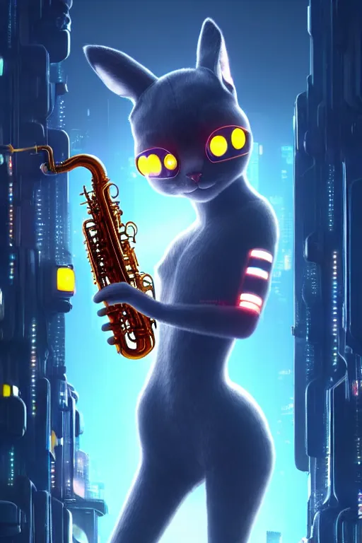 Image similar to high quality 3 d render very cute cyborg! cat plays saxophone, cyberpunk highly detailed, unreal engine cinematic smooth, in the style of blade runner & detective pikachu, hannah yata charlie immer, moody light, low angle, uhd 8 k, sharp focus