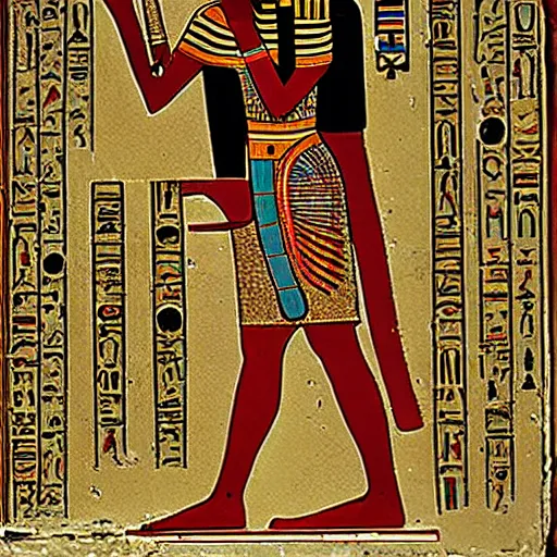 Image similar to ancient egyptian art of set working on a computer