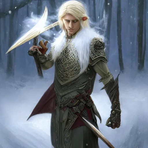 Prompt: Dark Fantasy Painting of a blonde haired male elf wielding a dagger walking through heavy snow, wearing fantasy armor, waist high, highly detailed, digital painting, artstation, concept art, smooth, sharp focus, illustration, art by artgerm and greg rutkowski and alphonse mucha