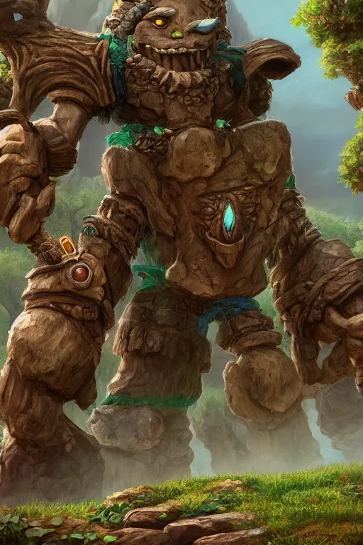 Image similar to zelda fantasy art giant golem troll wood rock greeble gemstone, global illumination ray tracing hdr fanart arstation by sung choi and eric pfeiffer and gabriel garza and casper konefal