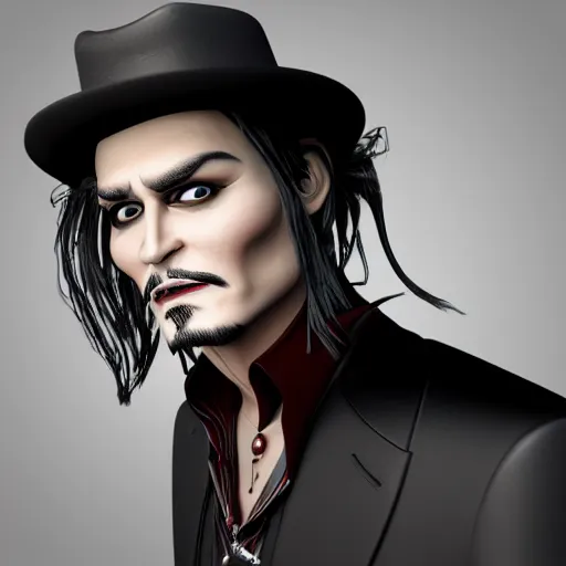 Prompt: hyperdetailed 3 d cartoon render of cartoon johnny depp in a confident expressive pose, cartoon eyes!!!!! friendly!!!! cute, exaggarated facial features, cute cartoon style, white background, low angle shot, cinematic studio lighting, studio quality, octane render, unreal engine 5, trending on artstation, art by sebastian jm, 8 k