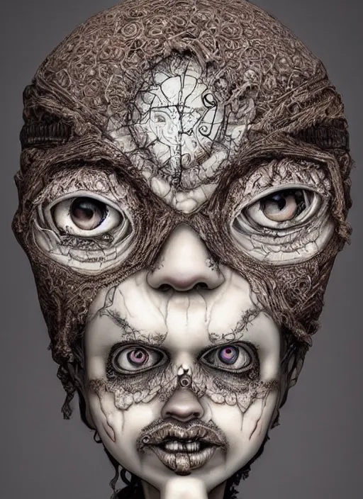 Prompt: portrait of a creepy sculpture, doll eyes, intricate, highly detailed, smooth, digital illustration, the dark and quirky art of scott radke