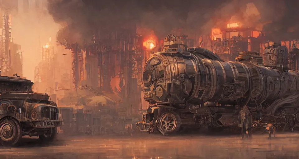 Image similar to a highly detailed epic cinematic concept art CG render digital painting artwork scene: retrofuturistic 1920s cyberpunk steampunk soviet truck inspired by a locomotive emitting smoke. By Greg Rutkowski, Ilya Kuvshinov, WLOP, Stanley Artgerm Lau, Ruan Jia and Fenghua Zhong, trending on ArtStation, made in Maya, Blender and Photoshop, octane render, excellent composition, cinematic dystopian brutalist atmosphere, dynamic dramatic cinematic lighting, aesthetic, very inspirational, arthouse