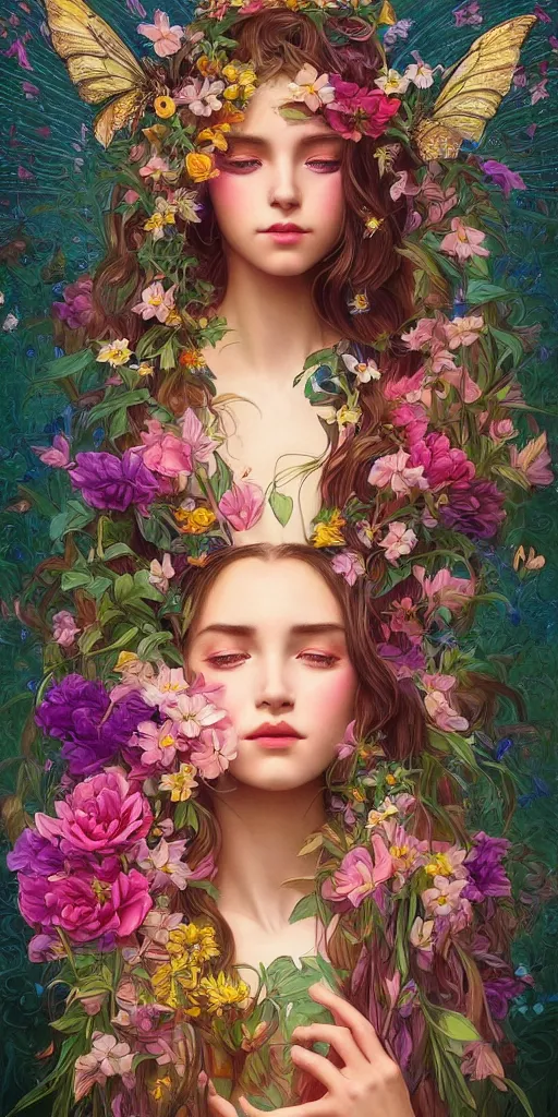 Prompt: beautiful, young woman, sad eyes, tears running down, crying, vaporwave aesthetic, synthwave, colorful, psychedelic, crown, long gown, flowers, bees, butterflies, ribbons, ornate, intricate, digital painting, artstation, concept art, smooth, sharp focus, illustration, art by artgerm and greg rutkowski and alphonse mucha