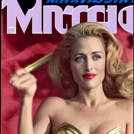 Prompt: photo of a gorgeous Gillian Anderson as wonder woman on the cover of swimsuit illustrated 1960 by Mario Testino, detailed, award winning, Sony a7R -