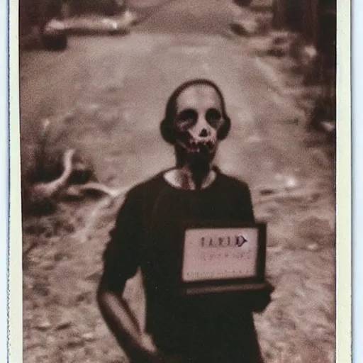 Prompt: a very beautiful old polaroid picture of a zombie, award winning photography