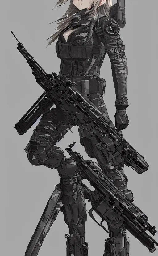 Image similar to highly detailed, high resolution, character design art, stunning, volumetric lightning, realistic guns, girls frontline style, matte, sharp focus, 130mm, illustration, artstation, by yusuke kozaki, professional result, realistic human anatomy, simple design, realistic military gear, metal gear style, videogame inspired