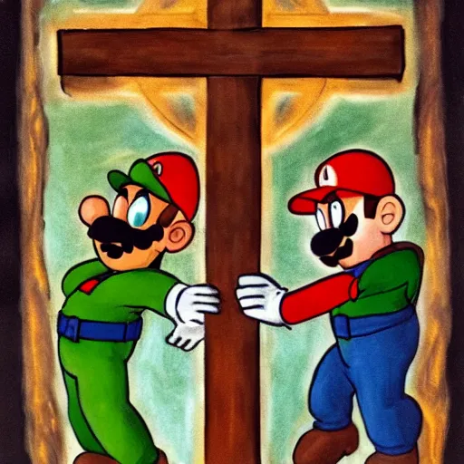 Prompt: mario and luigi at the crucifixion of christ in the style of raphael