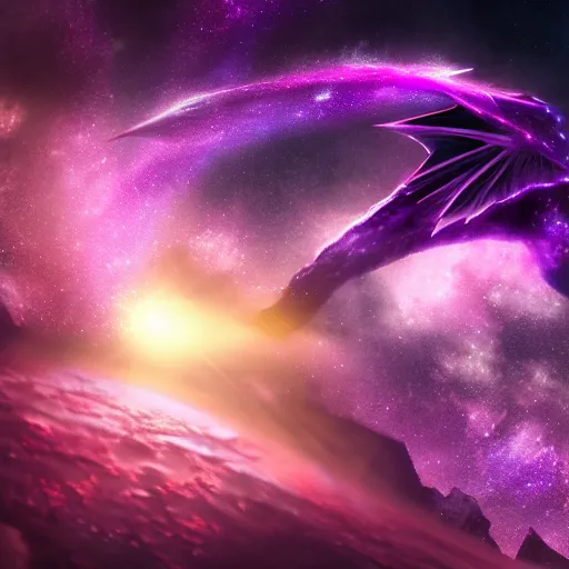 Prompt: a fantasy purple star galaxy dragon flying through nebulous space, artstation, digital art, 4k, hyper realism, high detail, concept art, fantasy