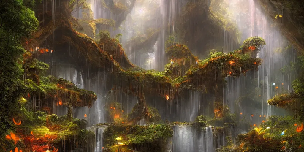 Prompt: a digital painting of a cave entrance in a mystical forest with waterfalls and vines hanging from trees, fireflies glowing in various colors, desaturated, a detailed matte painting by stephan martiniere, cgsociety, fantasy art, matte painting, concept art, fractalism, night