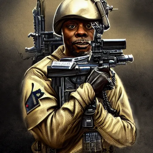 Image similar to Dave Chappelle as a navy SEAL, high resolution fantasy concept art, intricate details, soft lighting