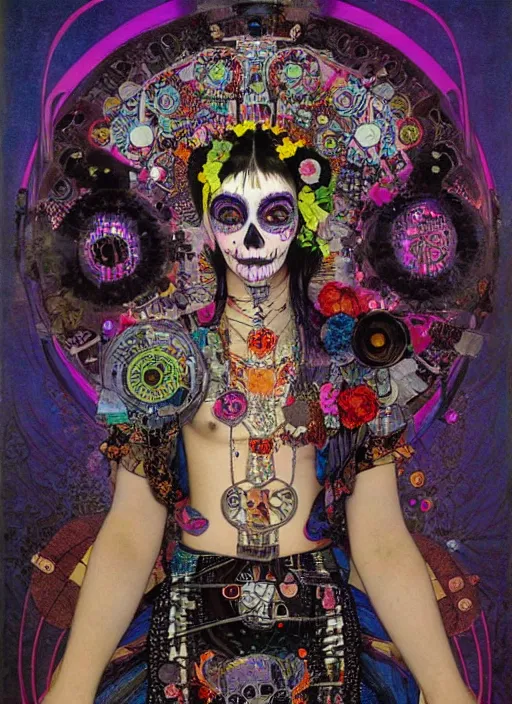 Image similar to cute punk goth fashion hippy fractal Día de los Muertos android girl wearing kimono made of circuits and leds by Zhang Jingna, psychedelic poster art by Hannah Höch Käthe Köllwitz Victor Moscoso Rick Griffin Alphonse Mucha Gustav Klimt Ayami Kojima Amano Charlie Bowater