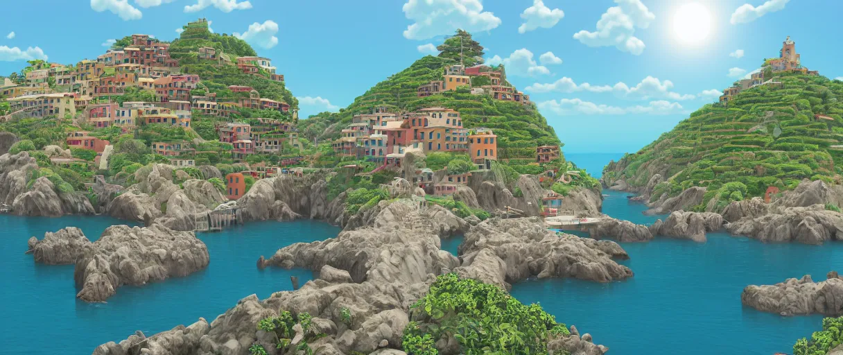 Image similar to pixar 3D render, by studio ghibli, (french bande dessinée), solarpunk, 1244, fantasy setting, jrpg, mediterranean landscape, quaint old village, cinq terre, highly detailed, luminous, white rock, bright beautiful teal sky and sea, style by moebius, radiosity, concept art, unreal engine