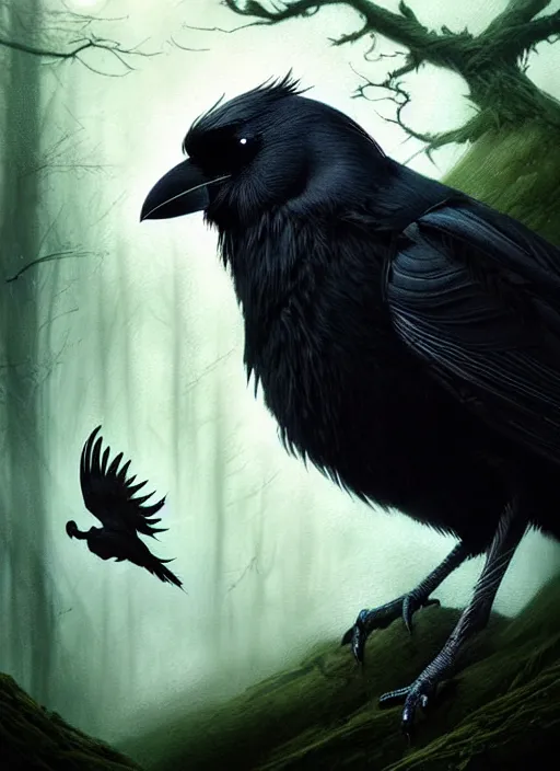 Image similar to side portrait dark crow (animal), close-up, fantasy forest landscape, moonshine, fantasy magic, nice black feather, proud, green dark light night, intricate, elegant, sharp focus, illustration, highly detailed, digital painting, concept art, matte, art by WLOP and Artgerm and Greg Rutkowski and Eddie Mendoza, masterpiece