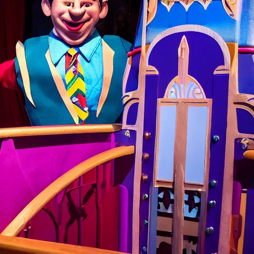 Image similar to a child puppet in the its a small world ride at disneyland that looks like ron desantis, highly detailed, high definition, ultra realistic