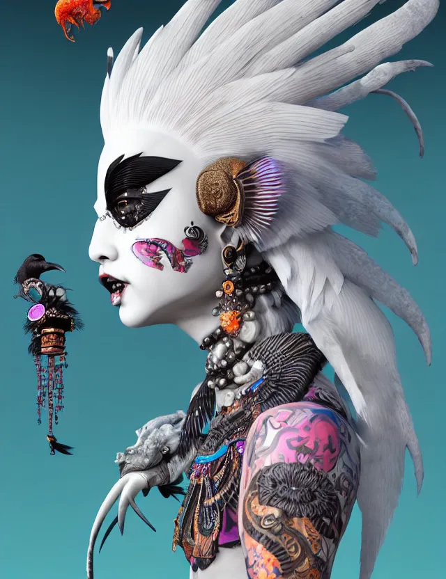 Image similar to 3 d goddess close - up profile portrait punk with mohawk with ram skull. beautiful intricately detailed japanese crow kitsune mask and clasical japanese kimono. betta fish, jellyfish phoenix, bio luminescent, plasma, ice, water, wind, creature, artwork by tooth wu and wlop and beeple and greg rutkowski