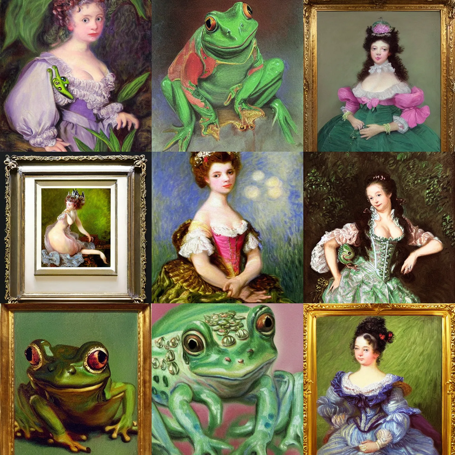 Prompt: portrait rococo painting of frog Princess by monet