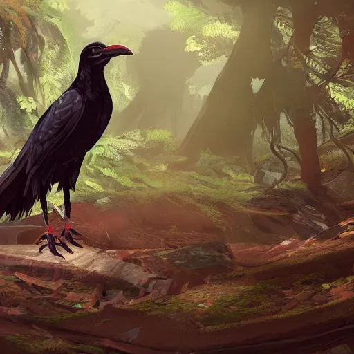 Image similar to concept art painting of an anthropomorphic humanoid crow, with steampunk clothes, in the deep forest, realistic, detailed, cel shaded, in the style of makoto shinkai and greg rutkowski and james gurney