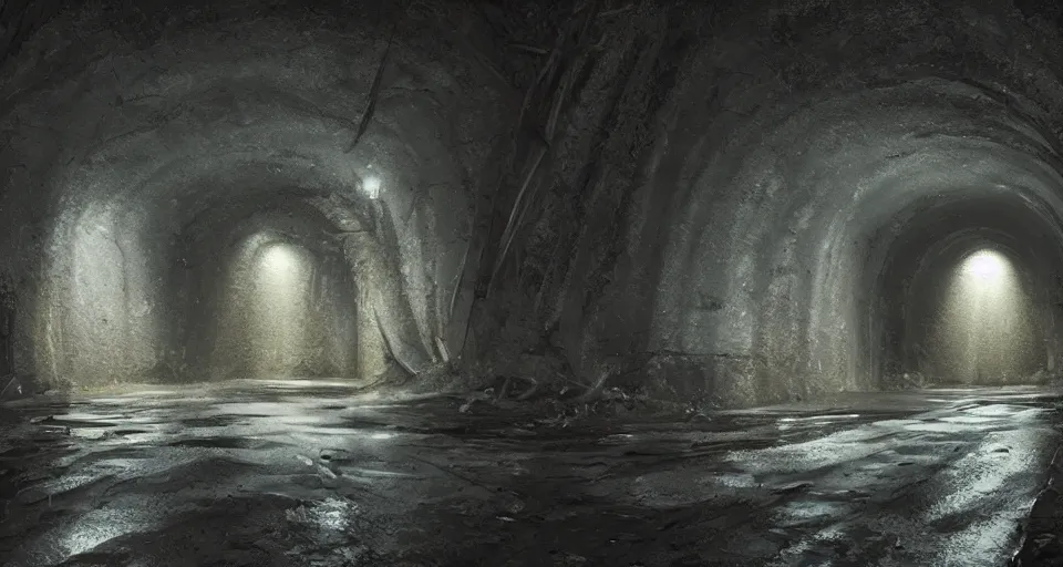 Prompt: a beautiful landscape painting, a single lane road tunnel with overhead lights, water running down the walls, haunted, spooky, scary, by sam guay, moody lighting, hyperrealism, 4 k, octane render