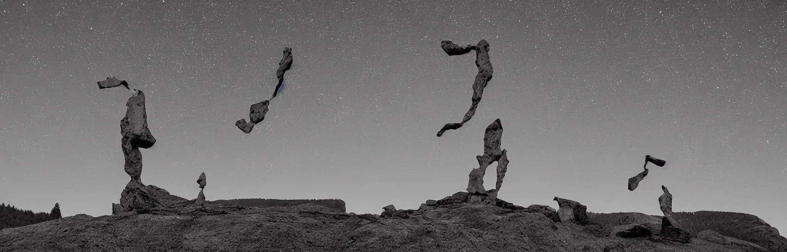 Image similar to to fathom hell or soar angelic, just take a pinch of psychedelic, medium format photograph of two colossal minimalistic necktie sculpture installations by antony gormley and anthony caro in yosemite national park, made from iron, marble, and limestone, granite peaks visible in the background, taken in the night