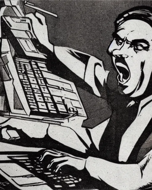 Prompt: soviet propaganda poster of an angry communist developer yelling at his computer