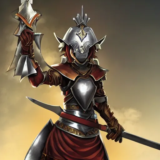 Image similar to Anime Heroic female kobold paladin in plate armor holding up a sword in triumph