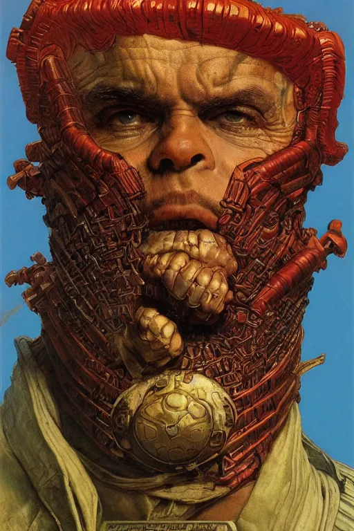 Image similar to upper body and head portrait of hulking armoured warrior kingpin by lawrence alma tadema and zdzislaw beksinski and norman rockwell and jack kirby and tom lovell and greg staples