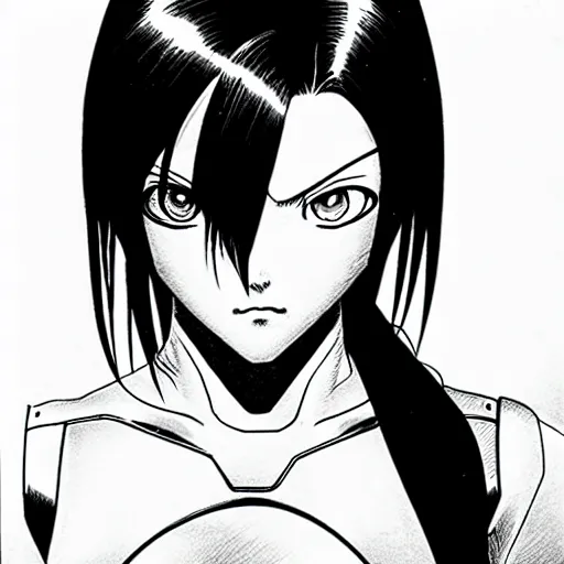 Image similar to alita by yukito kishiro. medium shot. black and white manga. pencil drawing. high detailed face