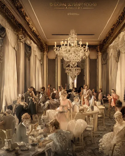 Image similar to rococo digital painting of a 1 9 2 0 s grand party in a beautiful mansion, many partygoers, unreal engine, hyper realism, realistic shading, cinematic composition, realistic render, octane render, detailed textures, photorealistic, ultrawide shot, 3 5 mm film