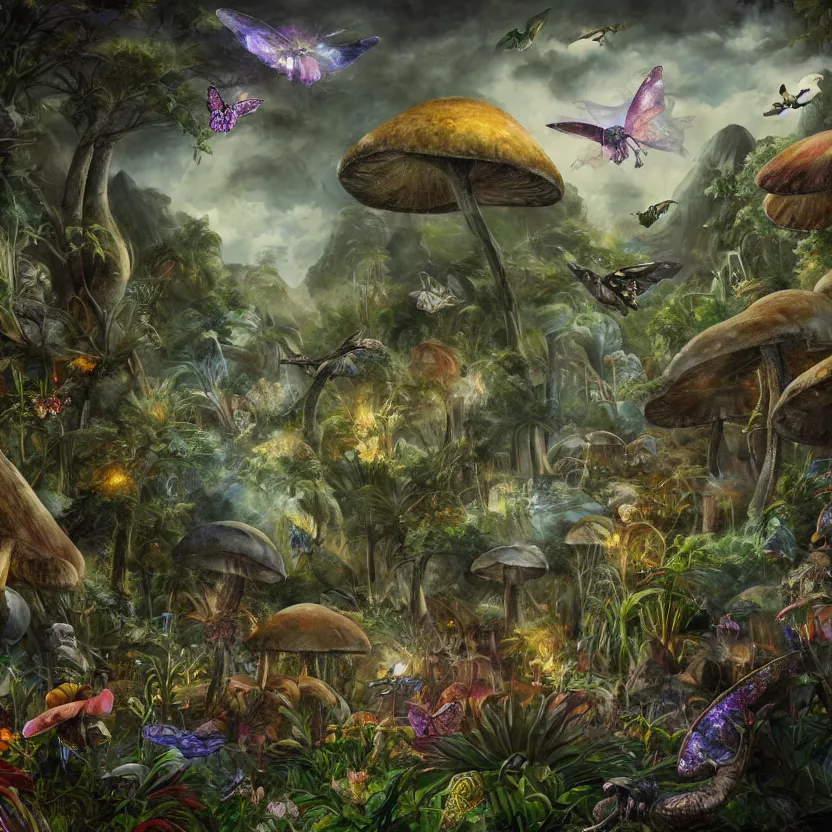 Prompt: a whimsical painting of fairies and butterflies with iridescent wings in a jurassic garden world with dinosaurs. giant mushrooms. dark atmosphere. high contrast. pulp - science fiction art. fantasy art. highly detailed. 4 k. trending on artstation