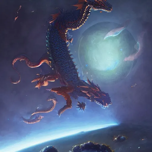 Image similar to Blue scaled chrystalline dragon devouring a planet in space, sun system, nebula, oil painting, by Fernanda Suarez and Edgar Maxence and Greg Rutkowski