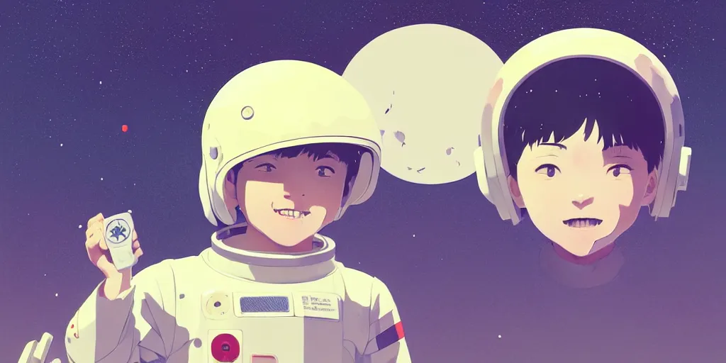 Prompt: portrait of a smiling boy with astronaut helmets by ilya kuvshinov, cloudy sky background lush landscape ln illustration concept art anime key visual trending pixiv by victo ngai fanbox by greg rutkowski makoto shinkai takashi takeuchi studio ghibli