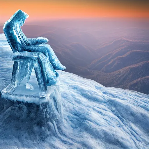 Image similar to an old man made of ice sitting on a throne on the top of a mountain, 8 k, high quality