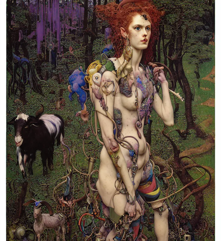 Image similar to pixelated corrupted professional pre-raphaelite defined colours 4k uncropped photo of a punk person in the cyberpunk forest with a goat and a robot by Ivan Bilibin, Austin Osman Spare, Norman Rockwell, high quality, ultra detailed. Beksinski painting, part by Adrian Ghenie and Gerhard Richter. art by Takato Yamamoto. masterpiece, oil on canvas painting, pixelart, vivid acid neon colours.