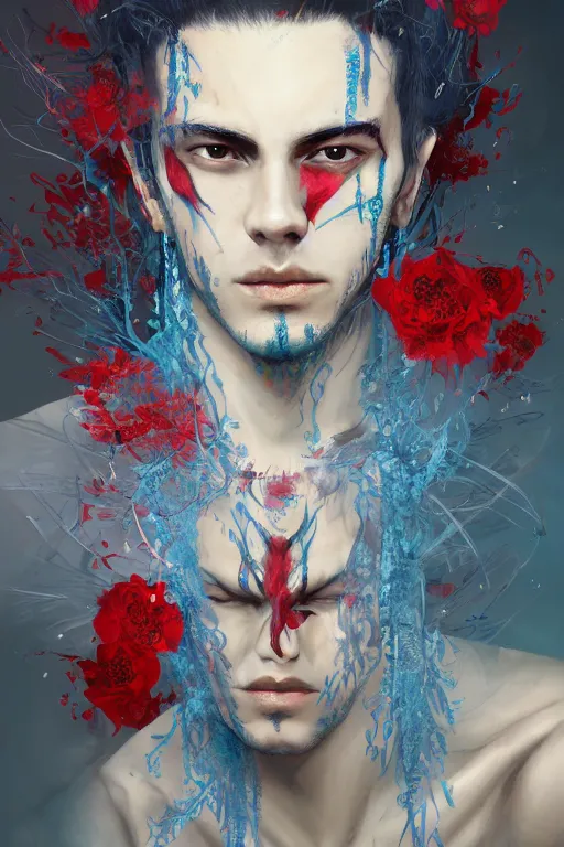 Image similar to portrait of beautiful young man, warhammer, japanic style, cyberpunk, a lot of scars, more and more flowers, blue head, some red water, the middle ages, highly detailed, artstation, illustration, artgerm sylvari portrait, 8 k quality, art by max ernst