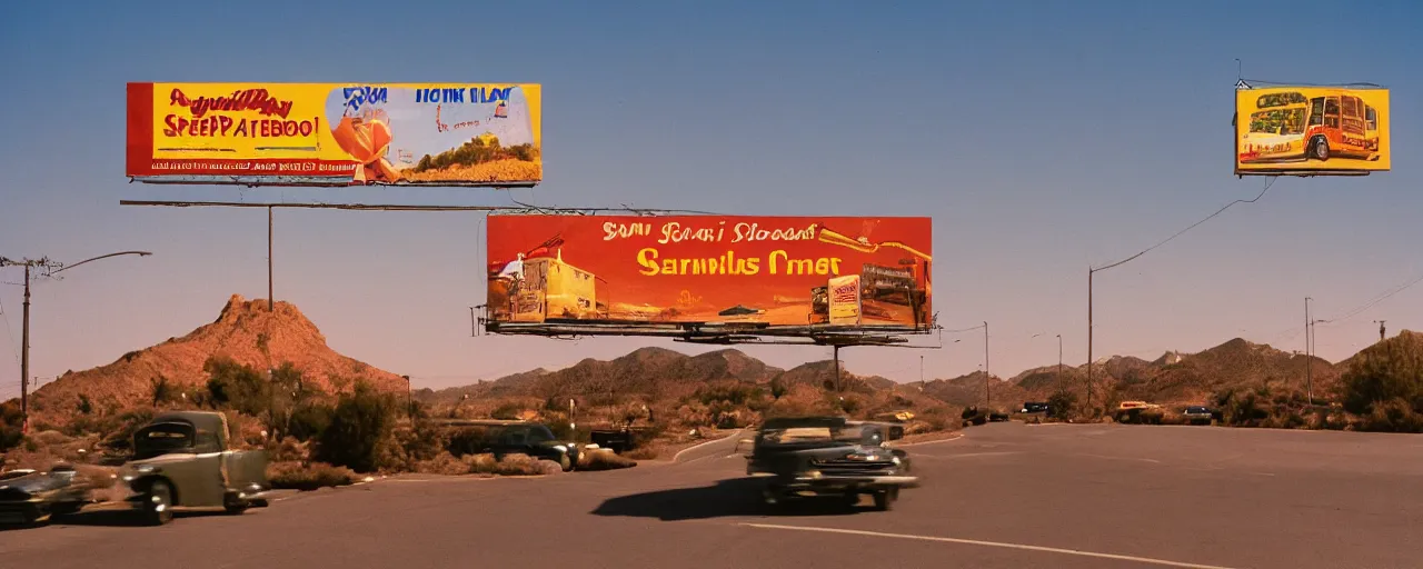 Image similar to spaghetti billboard advertisement, highway 5 0, arizona, sunset, canon 2 0 mm, f 1. 8, kodachrome, in the style of wes anderson