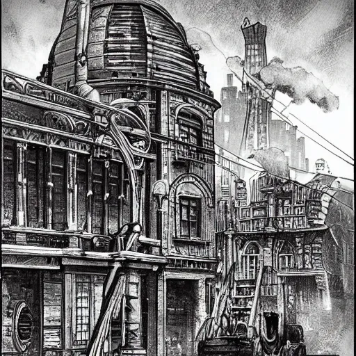 Prompt: a steampunk city, buildings, pipes, vents, steam, rundown, art by jules verne and h. g. wells.