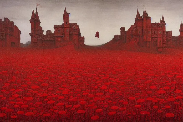 Image similar to only with red, red flowers of different types, a red tiger, a castle in the background, medieval demons dance over the flowers, an ancient path, in the style of beksinski, part by hopper, part by rodcenko, part by hofbauer, intricate composition, red by caravaggio, insanely quality, highly detailed, masterpiece, red light, artstation