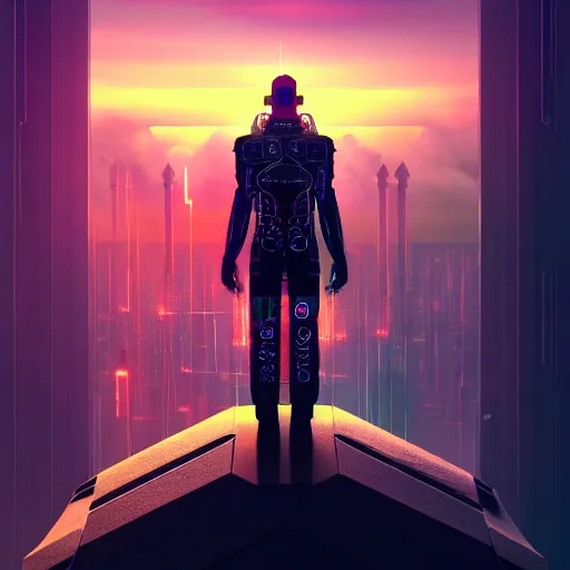 Image similar to A dream beyond horizon. ArtStation, Cyberpunk, Vertical Symmetry, 8K, Highly Detailed, Intricate, Album Art.