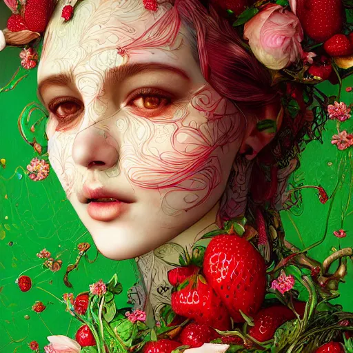 Image similar to the portrait of an absurdly beautiful, graceful, elegant, sensual woman made of strawberries and green petals, an ultrafine hyperdetailed illustration by kim jung gi, irakli nadar, intricate linework, bright colors, octopath traveler, final fantasy, unreal engine 5 highly rendered, global illumination, radiant light, detailed and intricate environment