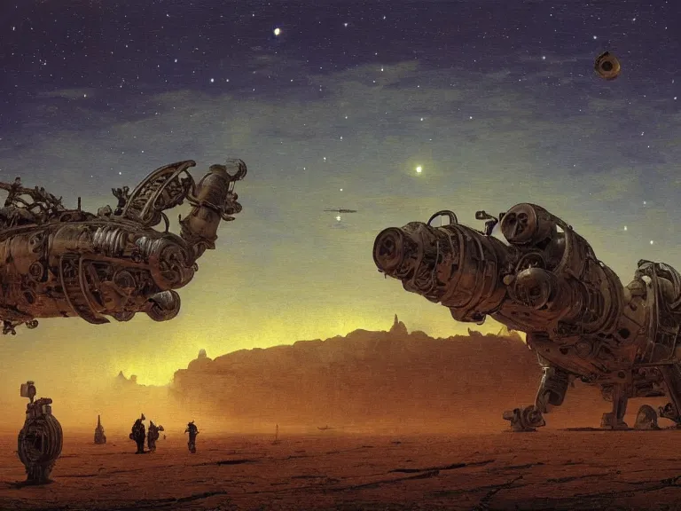 Image similar to an oil painting of an ancient dieselpunk spacecraft in the middle of an alien desert at dusk, aurora and stars light up the sky by beksinski carl spitzweg and tuomas korpi. baroque elements, full-length view. baroque element. intricate artwork by caravaggio. Trending on artstation. 8k