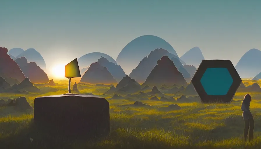 Image similar to hexagon blocking the sun, earth in foreground, simon stalenhag