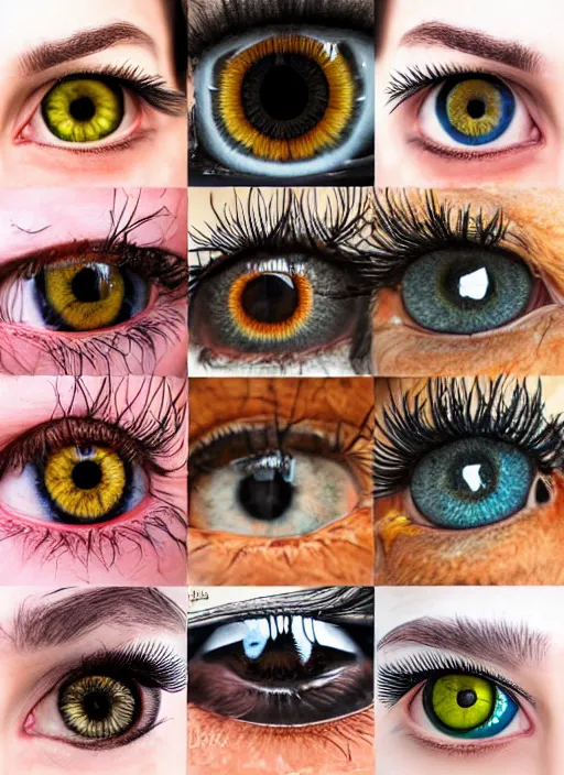Image similar to grid montage of eyes, square dilated pupils, swuare irises, detailed colored textures, eyelashes, advanced art, art styles mix, from wikipedia, wet reflections in eyes, sunshine light, hd macro photograph, from side, various eyelid positions, square black pupil centered