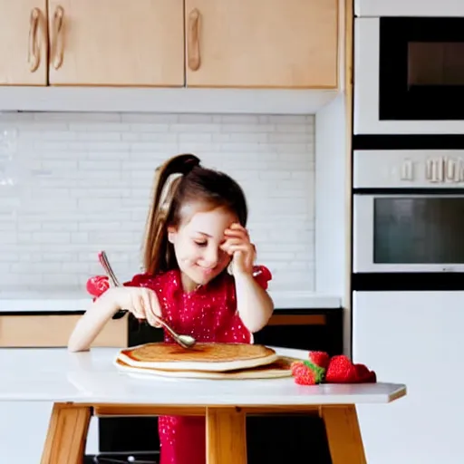 Prompt: a beautiful girl cooks delicious pancakes in a minimalist kitchen with white walls, a red oak table.