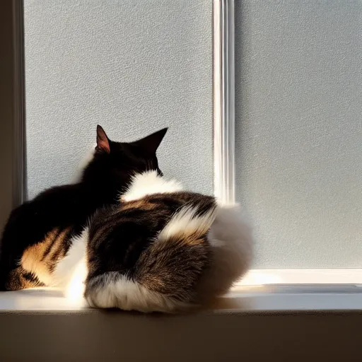 Image similar to a photo of a cat on it's side sleeping on a bed by a window with light coming in