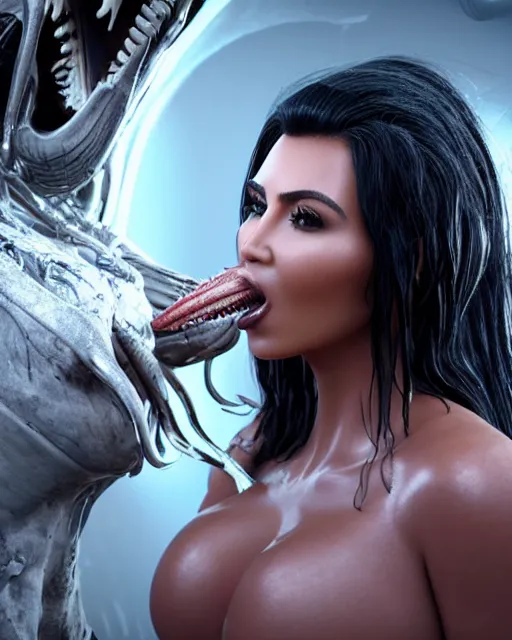 Image similar to cinematic still of kim kardashian being mouth fed by an xenomorph feeding her a transparent alien liquid, wet flowing hair, gooey skin, illustration, unreal engine 5, 8 k, directed by h. r. giger.