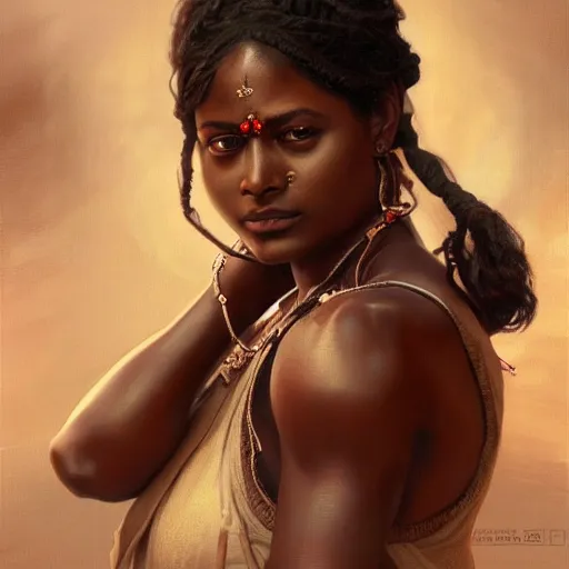 Prompt: portrait painting of a black muscular south indian woman, sari, ultra realistic, concept art, intricate details, eerie, horror, highly detailed, photorealistic, octane render, 8 k, unreal engine. art by artgerm and greg rutkowski and alphonse mucha